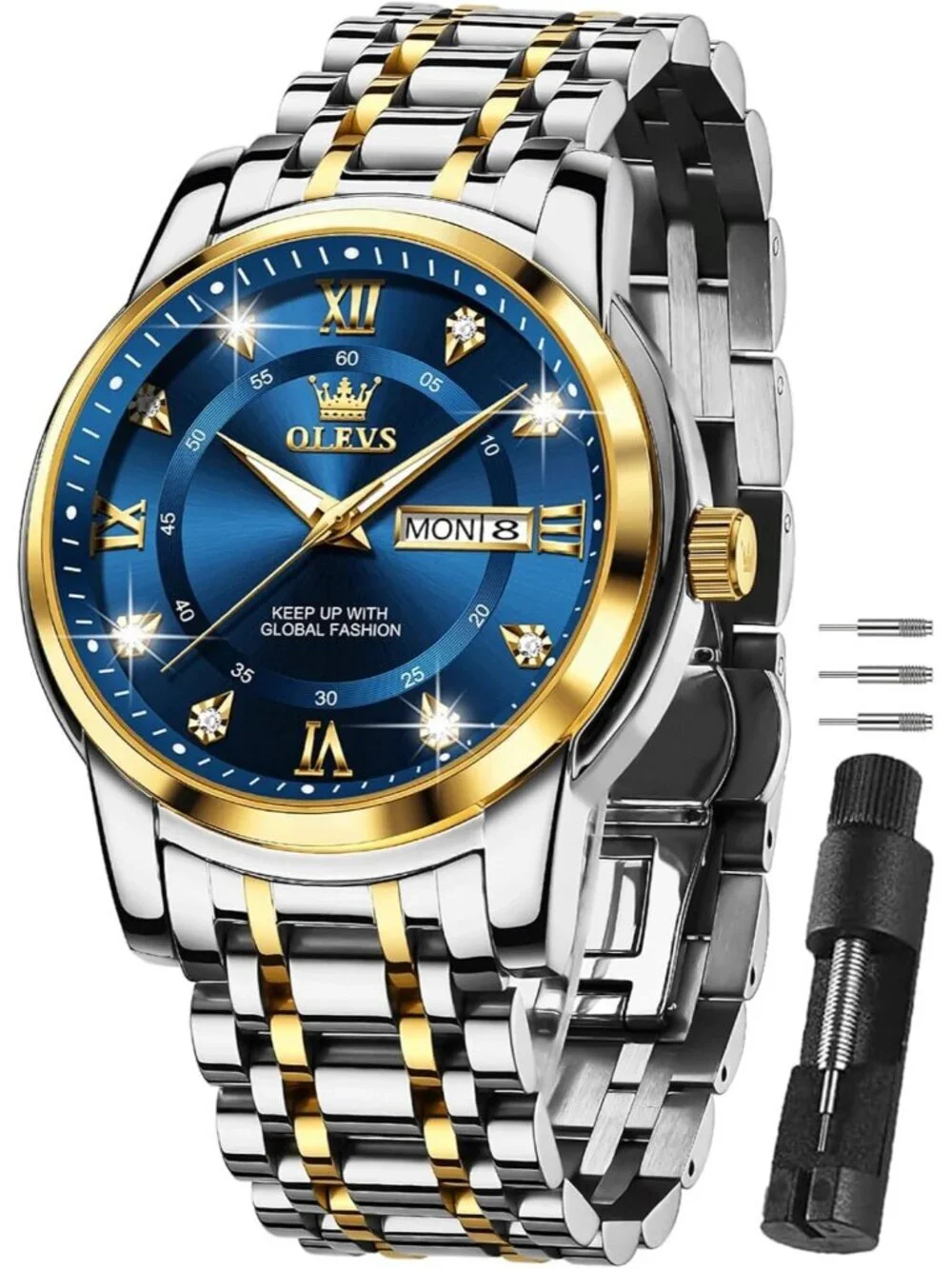 Men's Silver Blue Face Diamond Stainless Steel Band Roman Numbers Classic Watch
